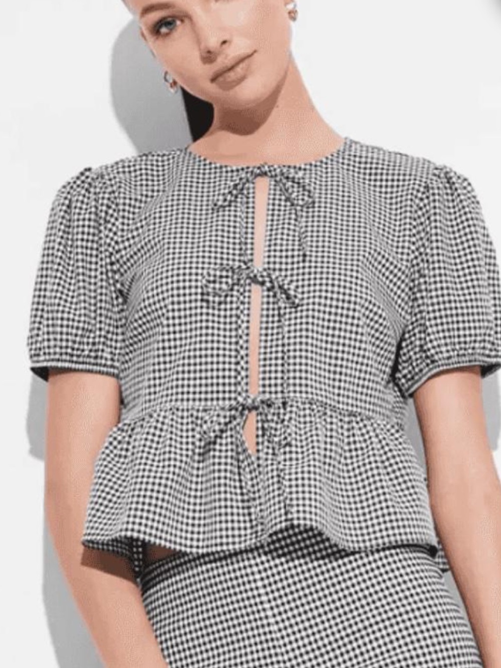 wild fable Black & White Gingham Tie-Front Peplum Top